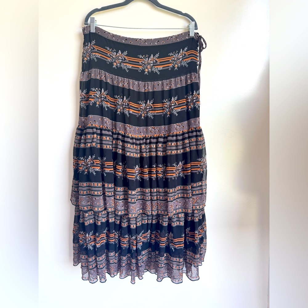 Free People Women‎ Maxi Long Skirt Sz 8 Floral Beaded Tiered Peasant Cottagecore